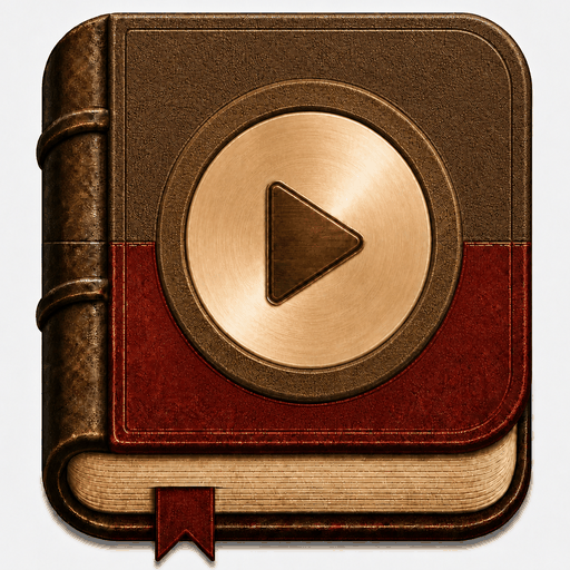 Book FM icon: a leather-bound book with a play button